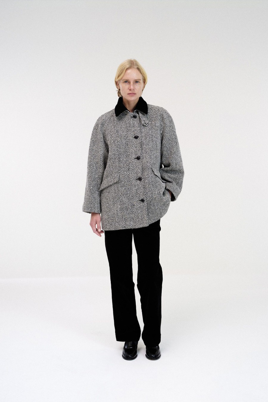 Exclusive Nothing written | Herringbone Half Balmacaan Coat (Black)