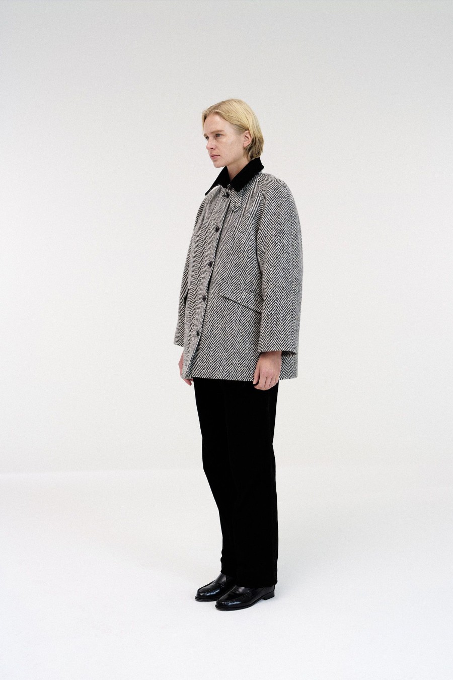 Exclusive Nothing written | Herringbone Half Balmacaan Coat (Black)